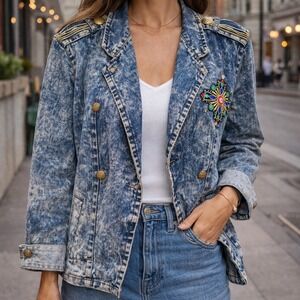 Vintage Acid Wash Denim Jacket Womens Small Military Embroidered 80s Crop